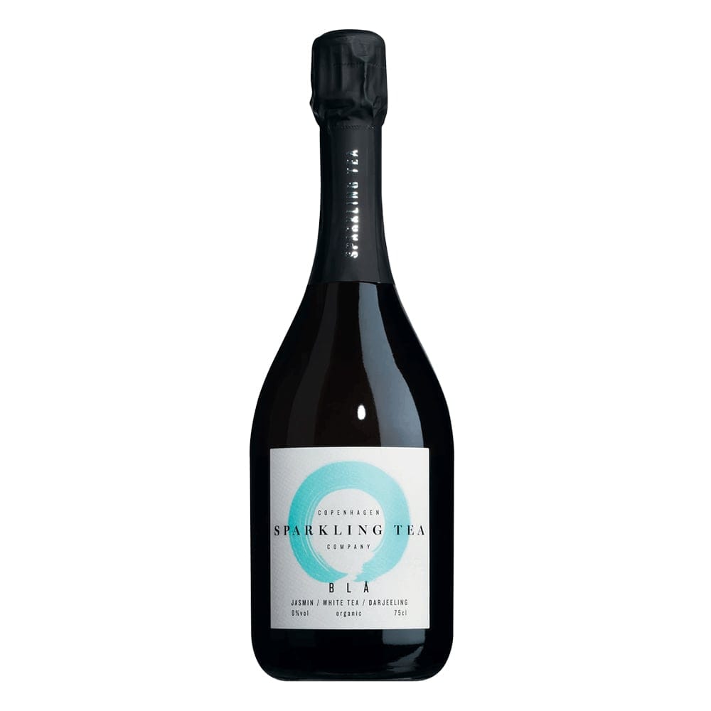 A bottle of COPENHAGEN Sparkling Tea BLA Non Alcohol beverage which have a lower caffeine content than other types of tea.