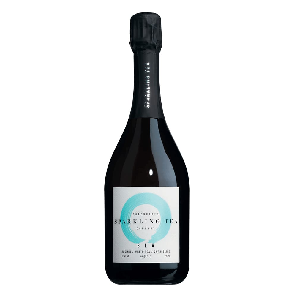 A bottle of COPENHAGEN Sparkling Tea BLA Non Alcohol beverage which have a lower caffeine content than other types of tea.