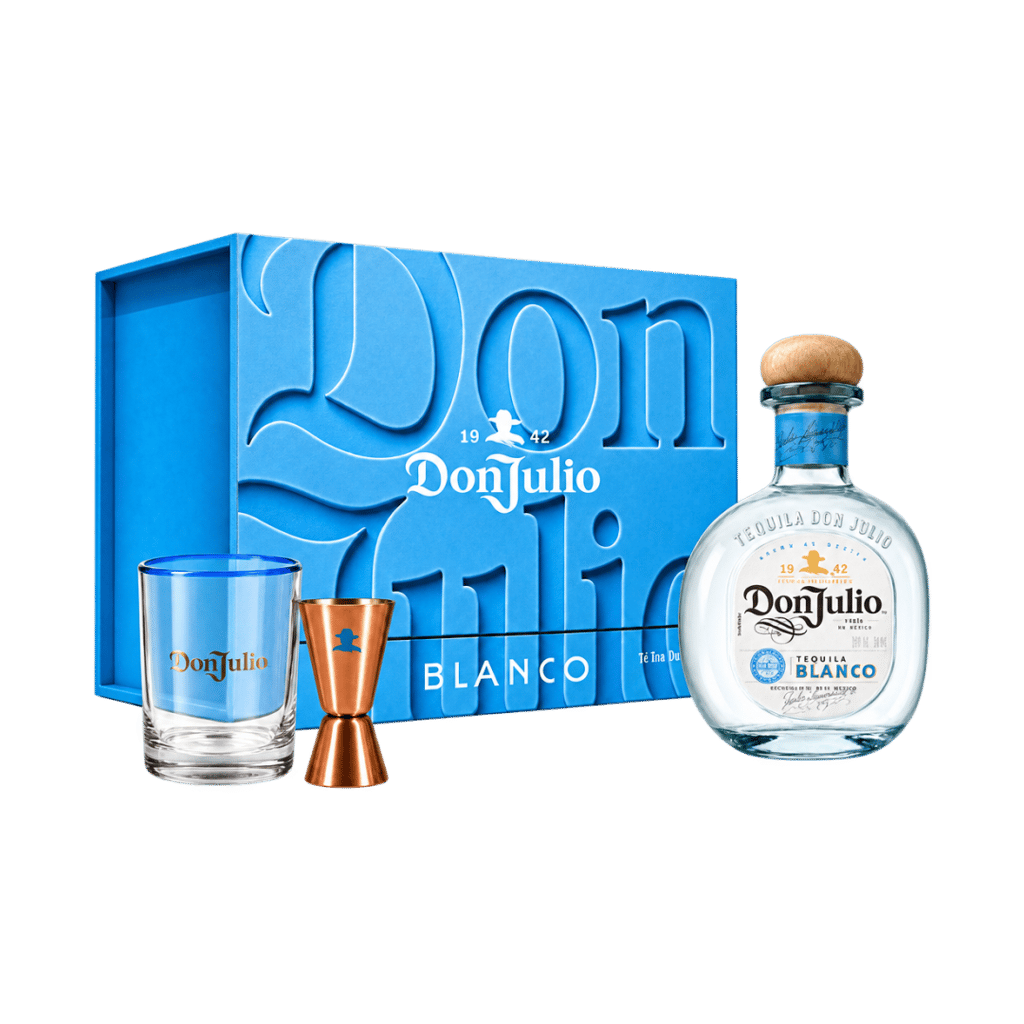 Don Julio Blanco VAP gift pack with one bottle, one glass and one jigger