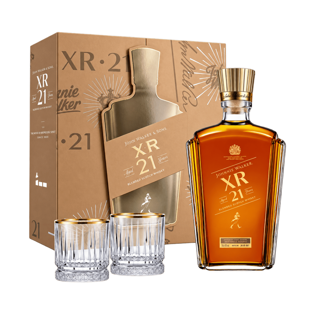 John Walker & Sons XR 21 Year Old Gift Pack with bottle, gold gift box and gold-rim glasses