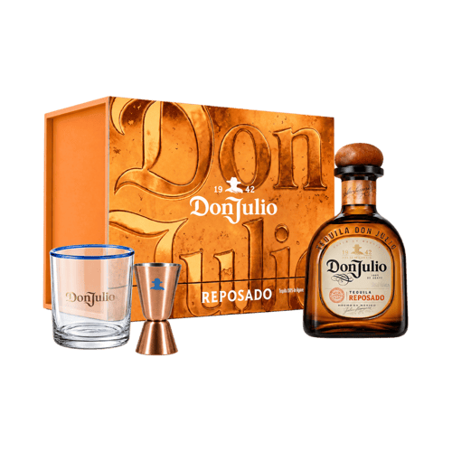 Don Julio Reposado VAP gift set with one bottle, one branded glass, one jigger and orange gift box