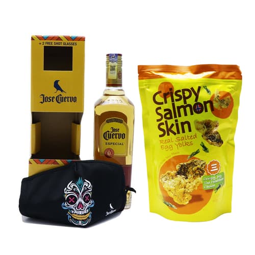 JOSE CUERVO Especial Gold Tequila with Halloween Facemask and Crispy Salmon Skin