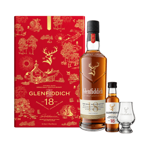 The Glenfiddich 18 Year Old Limited Edition Design Gift Pack with One Glencairn Glass & One Miniature 2027 40% 700ml