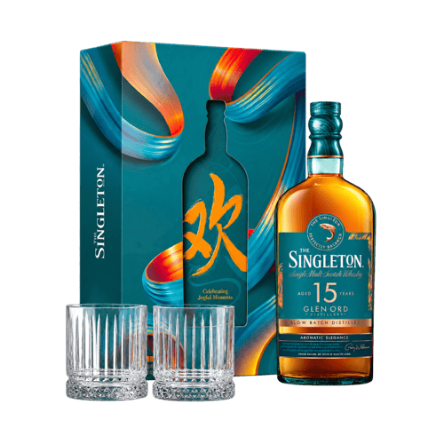 The Singleton Glen Ord 15 Year Old VAP 2027 gift pack with bottle and two whisky glasses
